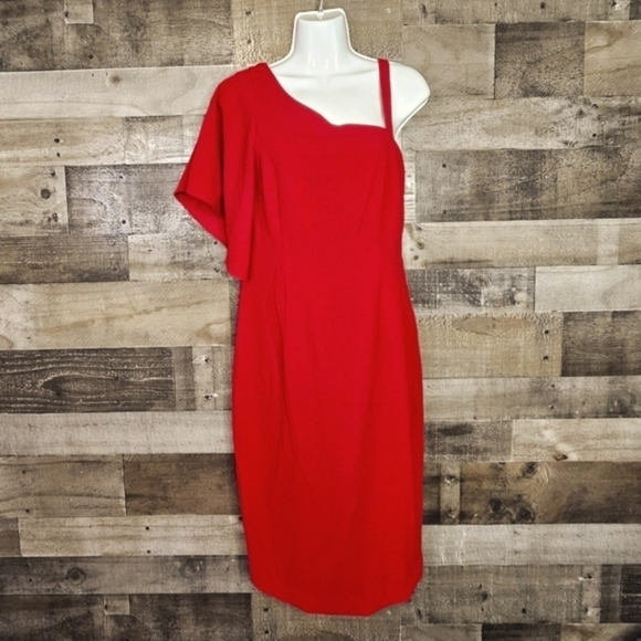 Trina Turk Upbeat One Flounce Shoulder Sheath Dress In Sangria - Picture 2 of 9